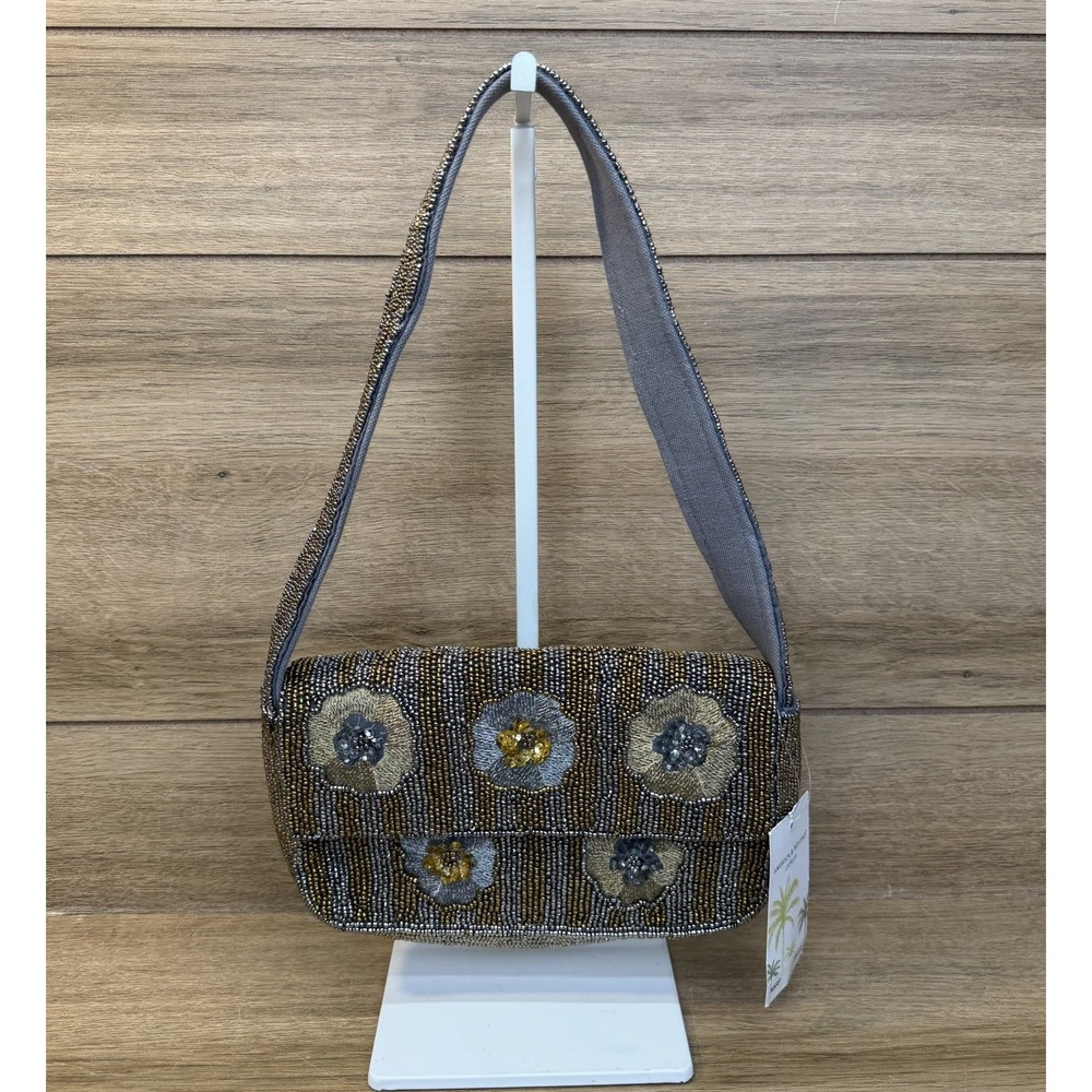 America & Beyond Express Gray Gold Beaded Flower Shoulder Bag Baguette Purse NWT